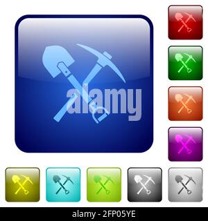 icone a paletta e piccone in un pulsante lucido di colore quadrato arrotondato impostazione Illustrazione Vettoriale