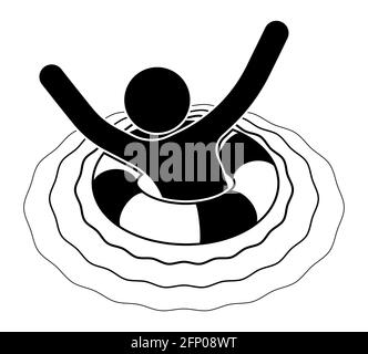 annegamento bastone uomo, figura su vita boa chiede aiuto. Crisi, difficile situazione di vita. Bisogno di supporto e aiuto. Vettore Illustrazione Vettoriale