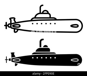 sottomarino da combattimento militare. Flotta marina. Ricerca subacquea. Icona lineare semplice, silhouette. Vettore Illustrazione Vettoriale