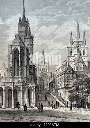 Collina della Cattedrale con la Cattedrale di Erfurt e San Severus, Erfurt, Turingia, Germania, 19 ° secolo Foto Stock