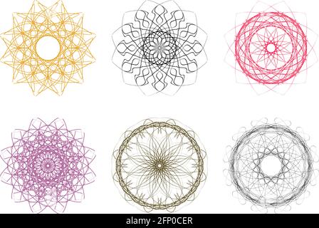 Set di pattern mandala astratti con tratto circolare isolato su trasparente sfondo Illustrazione Vettoriale