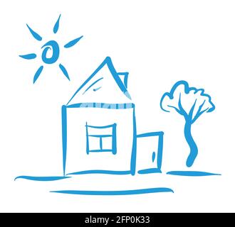 Casa disegnata a mano con sole e alberi. Pittura semplice. Natura dipinta a mano. Casa. Ideale per lo sviluppo di proprietà, siti web di agenti immobiliari. Illustrazione Vettoriale