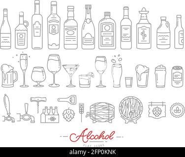 Set di icone di alcool in un disegno di stile piatto con grigio linee su sfondo bianco Illustrazione Vettoriale