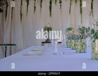 decorazioni rustiche per un matrimonio con margherite color pastello e. foglie di eucalipto in vasi di vetro Foto Stock