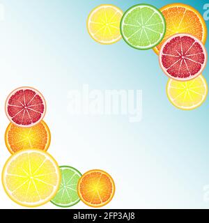Allegro e luminoso il telaio di cerchi di agrumi: arancio, limone, pompelmo, calce. Biglietto di auguri sfondo Illustrazione Vettoriale