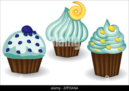 Tre cupcake con crema blu, frutti di bosco e polvere. Dolce, dessert, delizioso Illustrazione Vettoriale