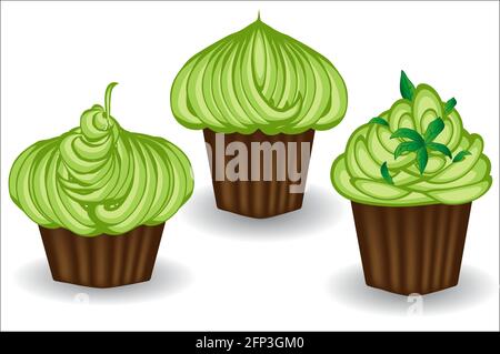 Tre cupcake con crema verde, menta, bacche e polvere. Dolce, dessert delizioso Illustrazione Vettoriale