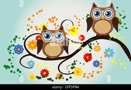 Due gufi, un paio di gufi su un fantastico ramo di alberi, decorato con fiori. Illustrazione Vettoriale