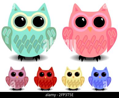 Un set di sei gufi carini con occhi neri, stile cartoon, colori diversi Illustrazione Vettoriale