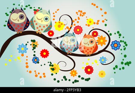 Quattro gufi, su un fantastico ramo di alberi, decorati con fiori. Illustrazione Vettoriale