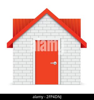 Immagine vettoriale 3D di una casa in mattoni bianchi. Casa con tetto rosso isolato su sfondo. Illustrazione Vettoriale