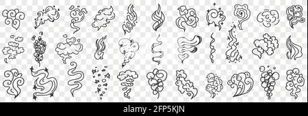 Vento e fiamme forme doodle set. Raccolta di diversi stili e forme disegnati a mano di fenomeni naturali del vento stellare in file isolate su sfondo trasparente Illustrazione Vettoriale