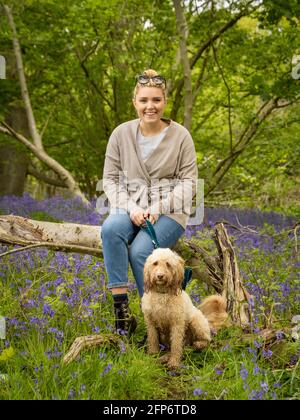 Casualmente vestita, bionda capelli caucasici seduta su un log con un cane, in un legno tappezzato con bluebells. Foto Stock