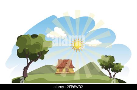 Bella illustrazione vettoriale che mostra il paesaggio soleggiato villaggio in estate. Illustrazione Vettoriale