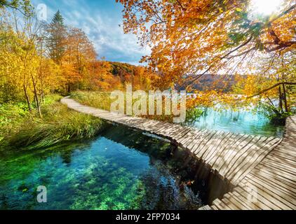 Ampia vista di un bellissimo paesaggio a Plitvice con alberi colorati e lago smeraldo nella stagione autunnale, Croazia Foto Stock