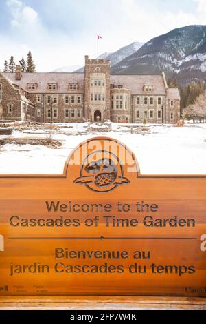 Cascade of Time Garden segno e edificio amministrativo Foto Stock