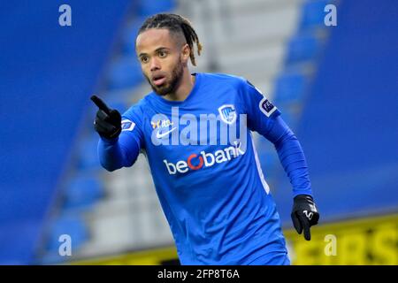 Il Theo Bongonda di Genk ha ritratto durante una partita di calcio tra il KRC Genk e il Royal Antwerp FC, giovedì 20 maggio 2021 a Genk, il quinto giorno del 'Cham Foto Stock