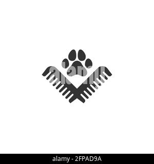 Cura del corpo degli animali domestici. Pettine e zampa. Taglio dei capelli, pettinatura e cura degli animali domestici. Logo Salon. Illustrazione Vettoriale