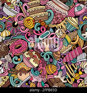 Doodles Cartoon Dessert modello senza cuciture. Illustrazione Vettoriale