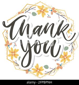 Cute Thank You script carta fiori testo lettera Illustrazione Vettoriale