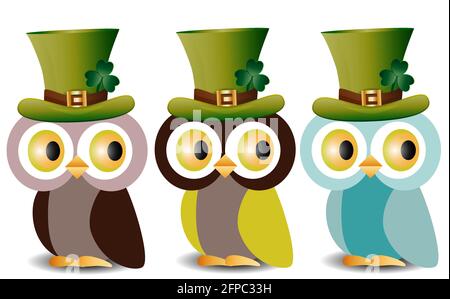 Bella, gufi raffinati con un modello in un cappello verde con uno shamrock al giorno di San Patrizio. Illustrazione Vettoriale