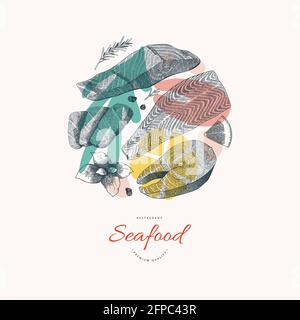 Banner di pesce con illustrazione del pesce di salmone, inchiostro disegnata a mano, Abtract design moderno con logo, buono per ristorante di pesce o caffè Illustrazione Vettoriale