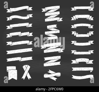 Nastri con uno stile di schizzo. Collezione di nastri vintage disegnati a mano in gesso per la decorazione del testo, banner, etichette, biglietti d'auguri. Illustrazione vettoriale. Illustrazione Vettoriale