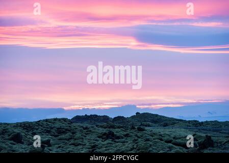 Foto del paesaggio islandese al tramonto con campo di roccia vulcanica coperto in muschio verde con un bel cielo viola e rosa Foto Stock