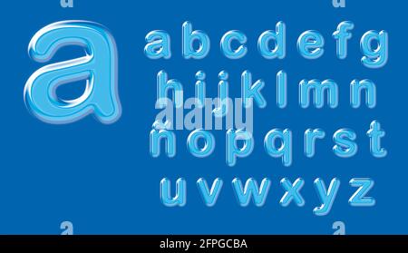 illustrazione 3d di vetro e alfabeto dell'acqua. Lettere minuscole da A a Z. su sfondo blu. Foto Stock