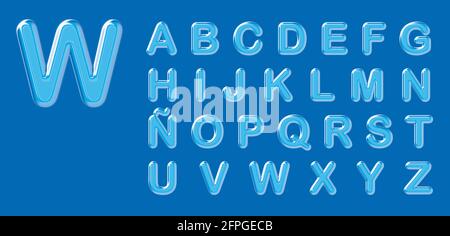 illustrazione 3d di vetro e alfabeto dell'acqua. Lettere da A a Z in maiuscolo. Su sfondo blu. Foto Stock
