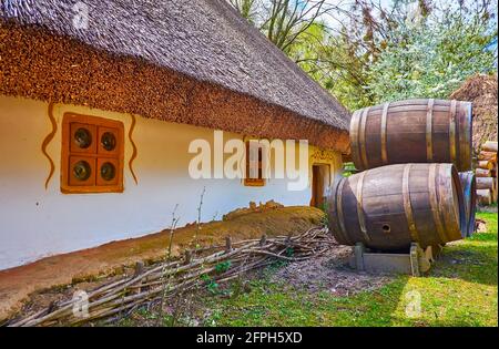 Il muro imbiancato della tradizionale casa hata Ucraina con tetto in paglia, piccole finestre e le vecchie botti di legno di fronte, Mamajeva Sloboda C. Foto Stock