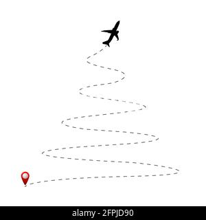 Il percorso di volo di un aereo a forma di albero di Natale. Immagine piatta vettoriale. Illustrazione Vettoriale