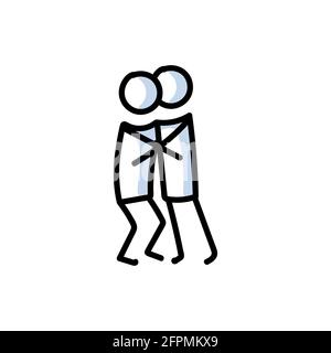 Disegno bastone figura di 2 amici hugging. Il sostegno dei giovani abbraccia insieme la nota vettoriale illustrata. Illustrazione Vettoriale