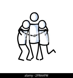 Disegno bastone figura di 3 amici hugging. Il sostegno dei giovani abbraccia insieme la nota vettoriale illustrata. Illustrazione Vettoriale