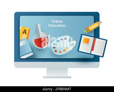 Formazione on-line sul computer. Imparare a casa con il concetto di allontanamento sociale. Illustrazione Vettoriale