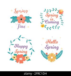 Collezione di etichette e badge primavera. Ciao primavera. Arriva la primavera. Disegnato a mano. Biglietto d'auguri. Illustrazione vettoriale. Design piatto. Foto Stock