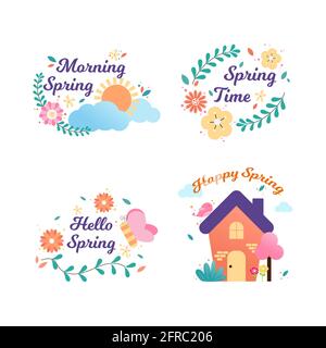 Collezione di etichette e badge Happy Spring. Ciao primavera. Disegnato a mano. Illustrazione vettoriale. Design a molla. Foto Stock