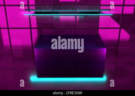 Un rendering 3d di un'immagine di sfondo a forma di blocco riflettente scarsamente illuminata. Foto Stock