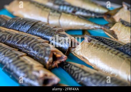 Pezzi di sgombro affumicato giacciono su un nastro trasportatore. Fabbrica di cibo di pesce. Foto Stock