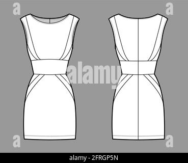 Abito pannello tubo illustrazione tecnica moda con la silhouette in clessidra, senza maniche, corpo montato, mini gonna lunghezza. Abbigliamento piatto, anteriore, posteriore, colore bianco. Donne, uomini, unisex CAD mockup Illustrazione Vettoriale