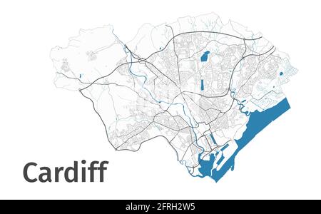 Mappa di Cardiff. Mappa dettagliata dell'area amministrativa della città di Cardiff. Panorama cittadino. Illustrazione vettoriale priva di royalty. Mappa con autostrade, strada Illustrazione Vettoriale