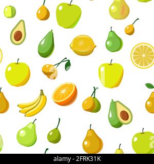I frutti più popolari sono alberi da frutto nei tropici e climi temperati. Senza interruzioni. Stile piatto cartoon. Mele, prugne, banane, arance, limoni, Illustrazione Vettoriale