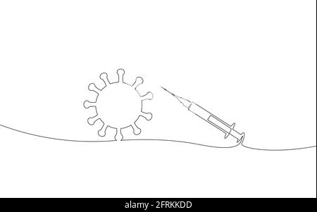 Siringa di vaccino un concetto ART a linea singola. Pandemic COVID coronavirus sicuro disegno a mano. Iniezione epipidemia polmonite allergia bianco monocromatico Illustrazione Vettoriale