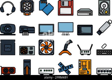 Insieme di icone del computer. Contorno grassetto modificabile con disegno riempimento colore. Illustrazione vettoriale. Illustrazione Vettoriale