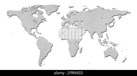 Mappa del mondo terrestre con una texture in metallo spazzolato Foto Stock