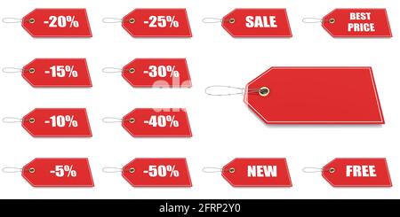 set 3d di prezzo e sconto su sfondo bianco. Foto Stock