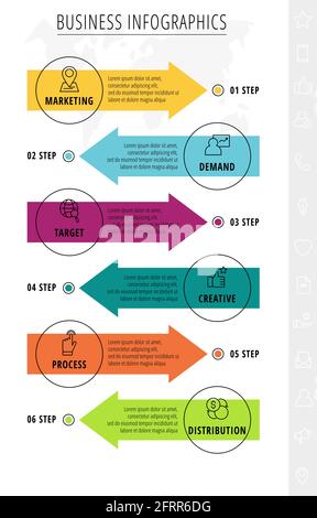 Modello di infografica della linea vettoriale per sei frecce e cerchi colorati. Concetto aziendale con 6 elementi e icone. Spazio vuoto moderno per il grafico Illustrazione Vettoriale