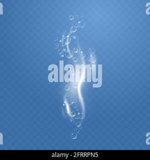 Aria frizzante realistica bolle in acqua. Bolle che si formano sotto l'acqua. Sfondo a scacchi trasparente. Illustrazione Vettoriale