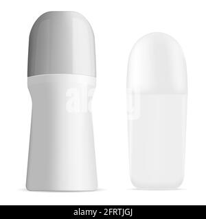 Rullo deodorante Flacon. Flacone con balsamo a rulli, avambraccio 3d, vuoto contenitore isolato. Basculanti cosmetici, confezione realistica isolato su whit Illustrazione Vettoriale