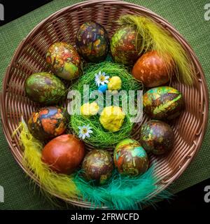 Una delle uova di Pasqua più belle e colorate mai viste. Cestino di paglia con piume di uccello e polli. Foto Stock